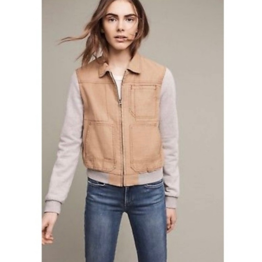 Anthropologie Two-Tone Bomber Jacket in Tan and Light Gray